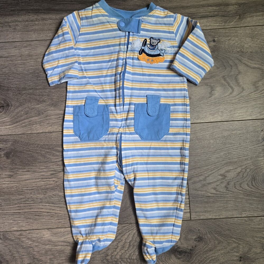 Nursery Rhyme Baby Boy Footed Pajamas 0-3M Blue Striped Airplane Bear Cotton